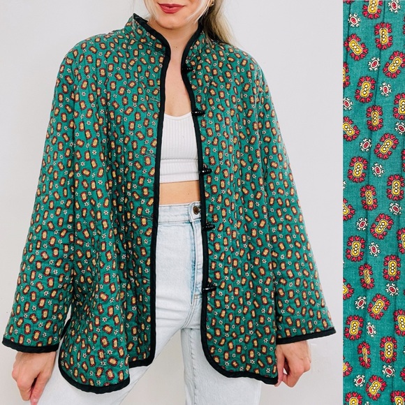 Vintage Jackets & Blazers - VINTAGE | Art Deco Retro Print Quilted Oversized Jacket Coat